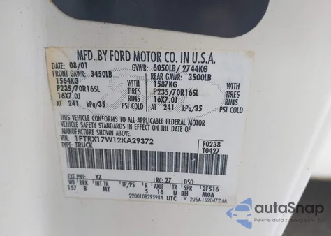 2002 Ford F-150 Lariat/Xl/Xlt from USA, damaged, VIN 1FTRX17W12KA29372